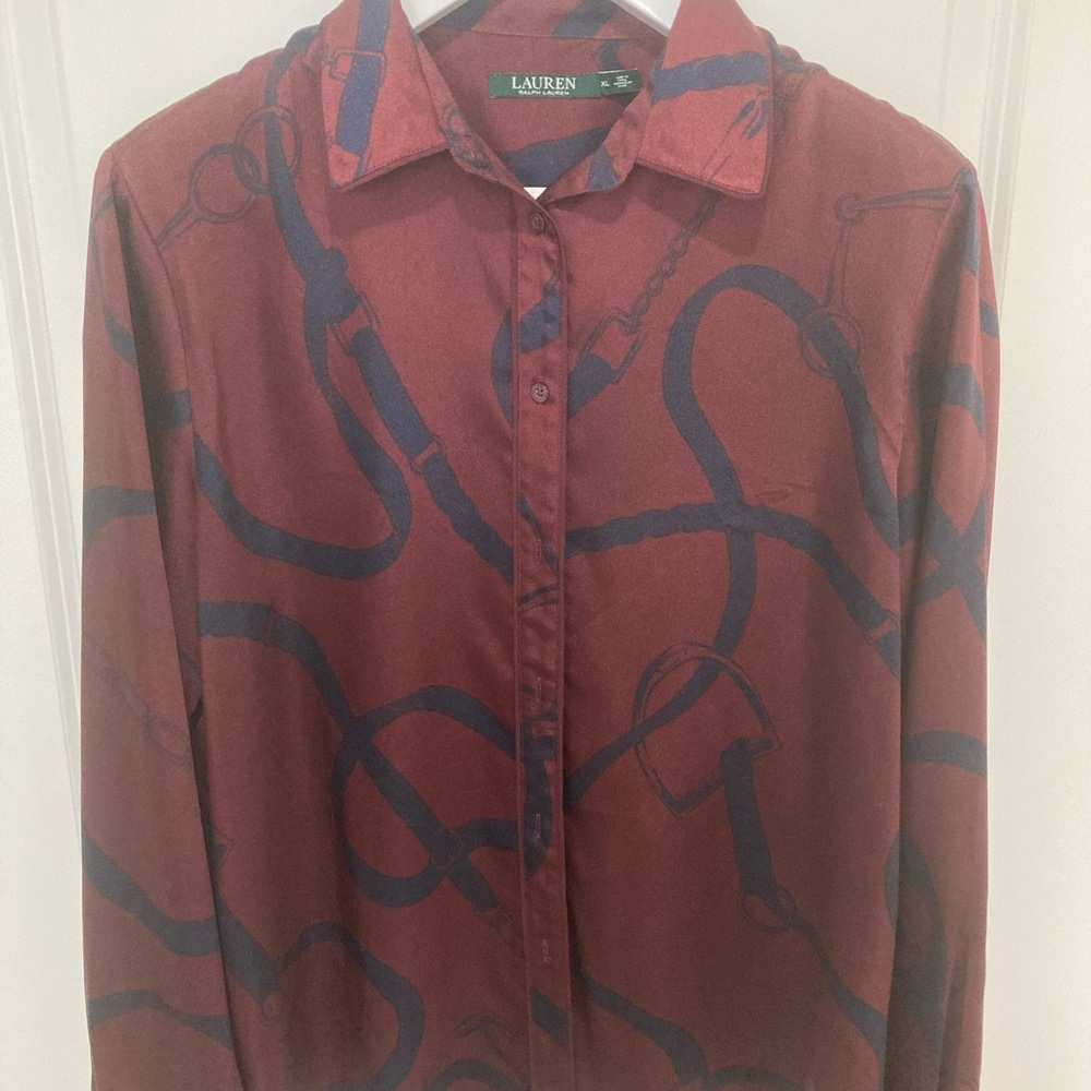 Ralph Lauren Blue Label Burgundy and Navy Equestrian Blouse